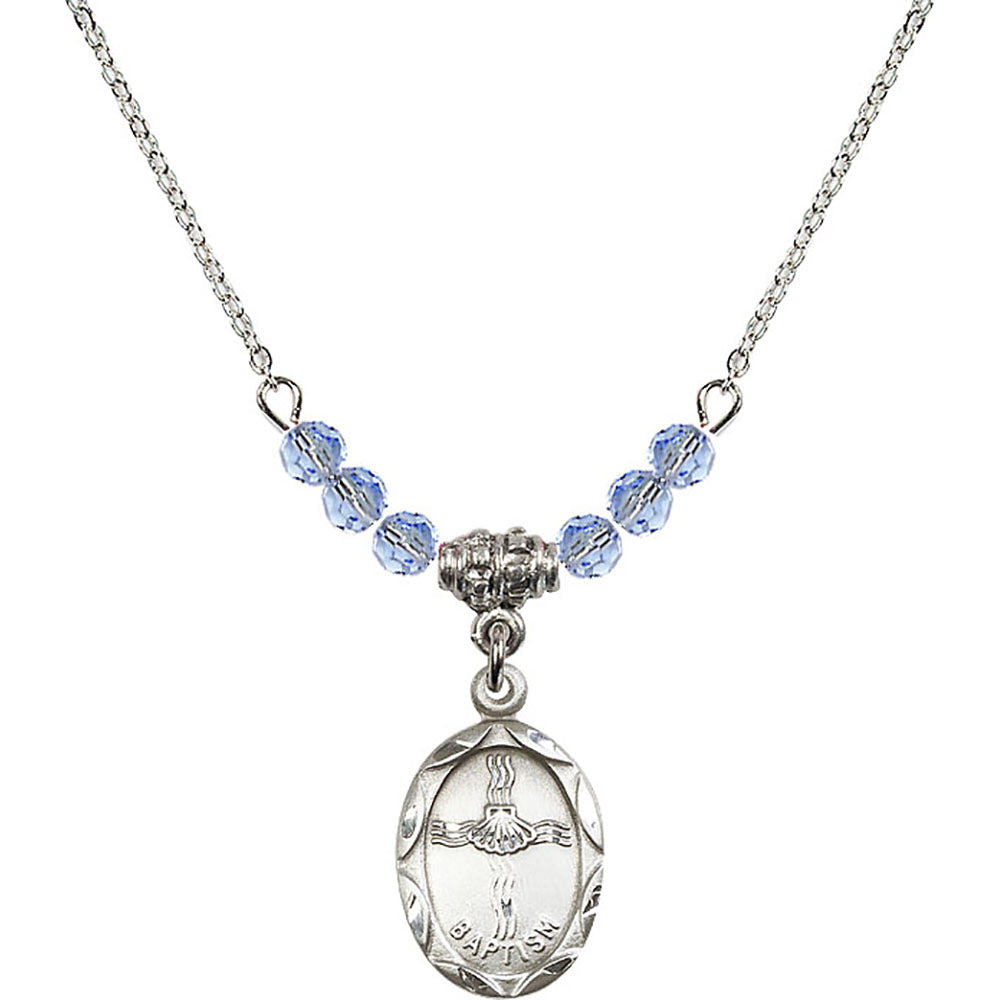 Sterling Silver Baptism Birthstone Necklace with Light Sapphire Beads - 0612