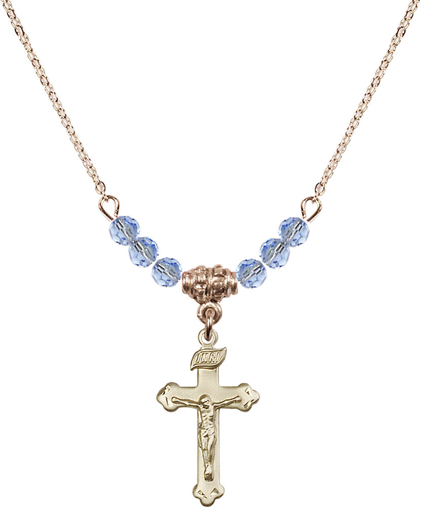 14kt Gold Filled Crucifix Birthstone Necklace with Light Sapphire Beads - 0669