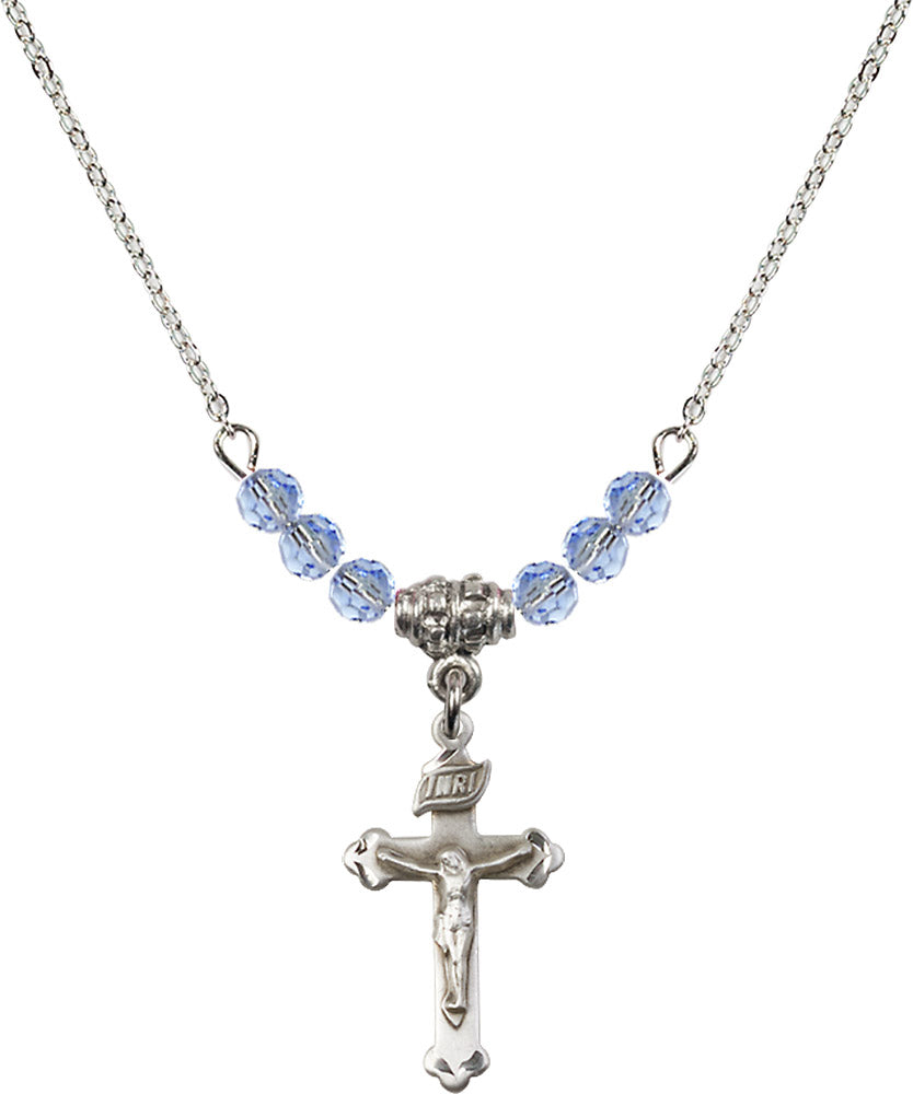 Sterling Silver Crucifix Birthstone Necklace with Light Sapphire Beads - 0669