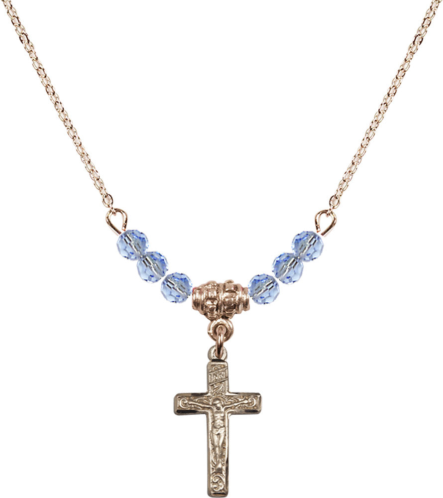 14kt Gold Filled Crucifix Birthstone Necklace with Light Sapphire Beads - 0672