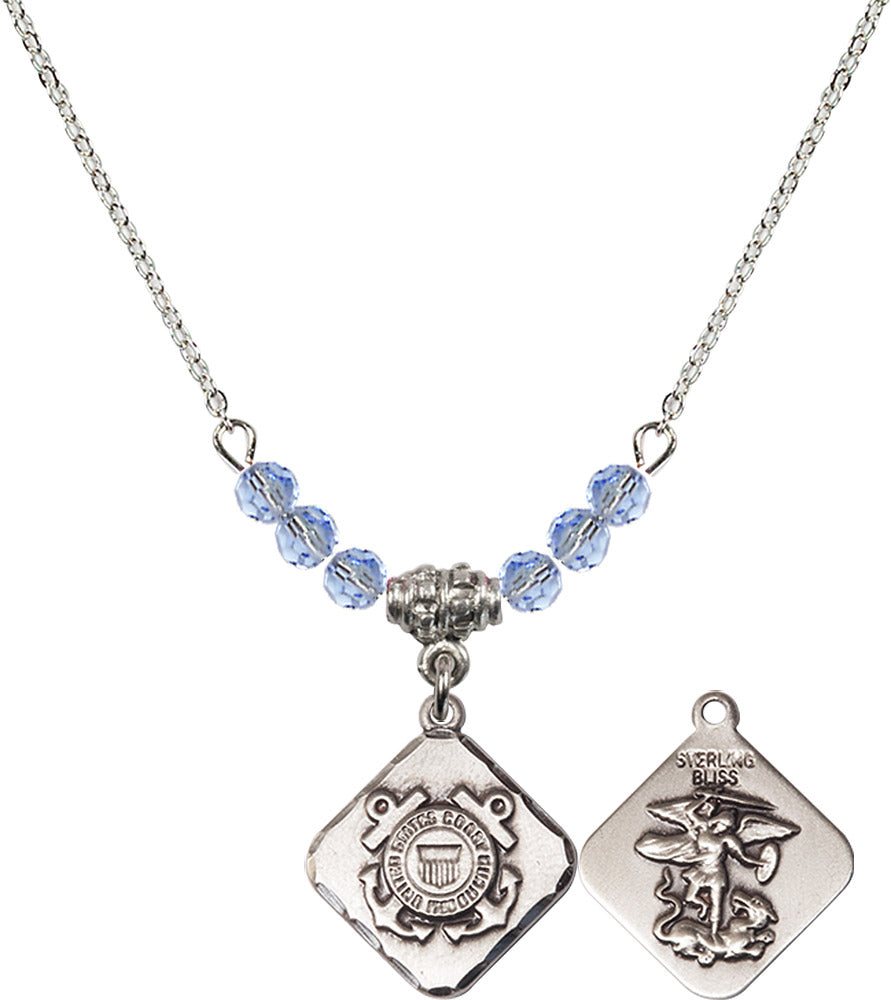 Sterling Silver Coast Guard Diamond Birthstone Necklace with Light Sapphire Beads - 1180