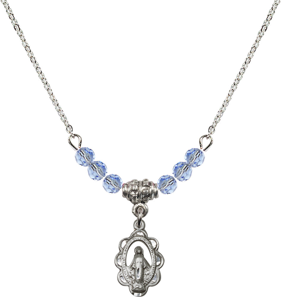 Sterling Silver Miraculous Birthstone Necklace with Light Sapphire Beads - 1610