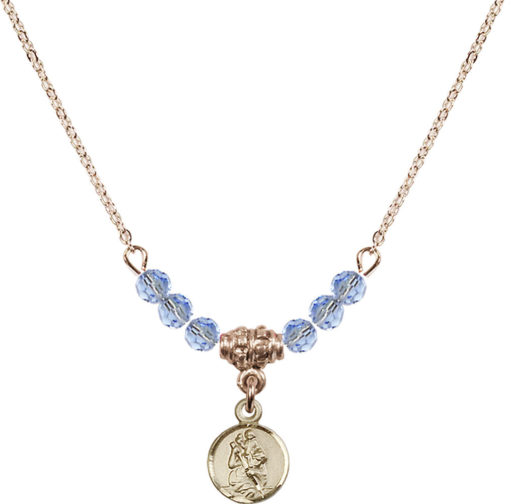 14kt Gold Filled Saint Christopher Birthstone Necklace with Light Sapphire Beads - 2343