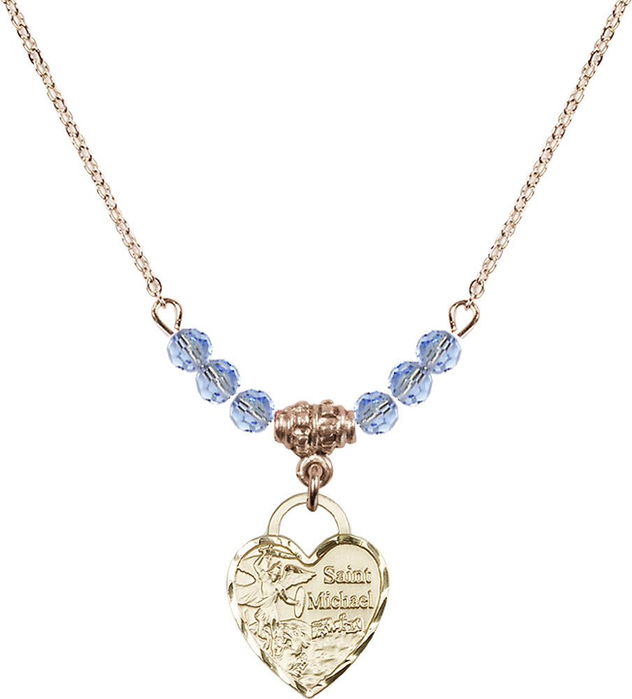 14kt Gold Filled Saint Michael Heart Birthstone Necklace with Light Sapphire Beads - 3403