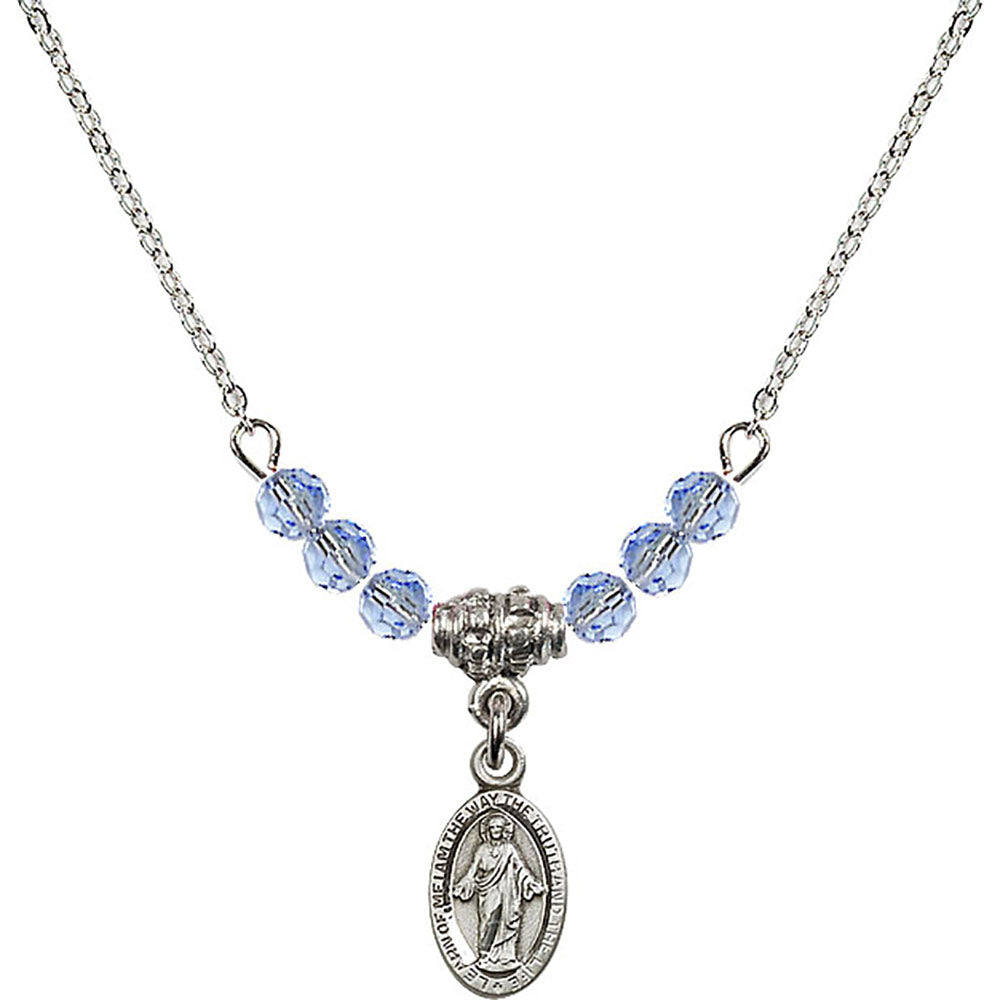 Sterling Silver Scapular Birthstone Necklace with Light Sapphire Beads - 4121
