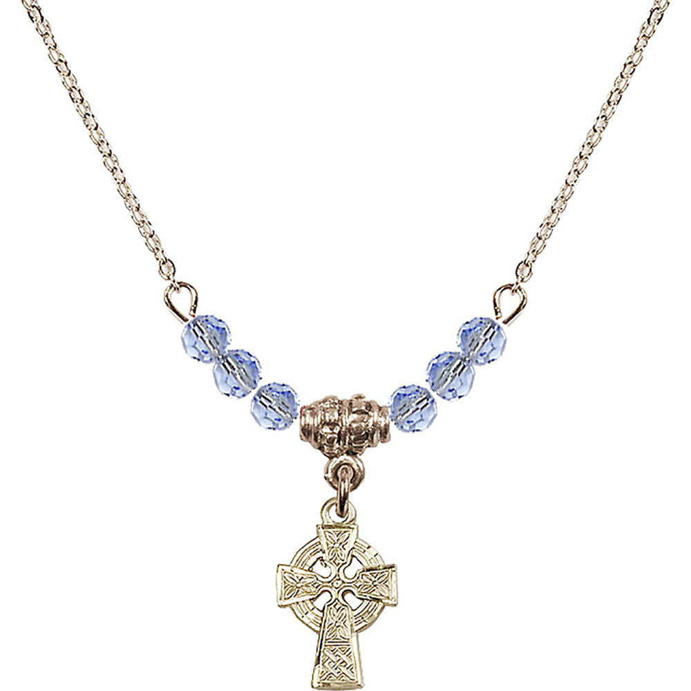 14kt Gold Filled Celtic Cross Birthstone Necklace with Light Sapphire Beads - 4133