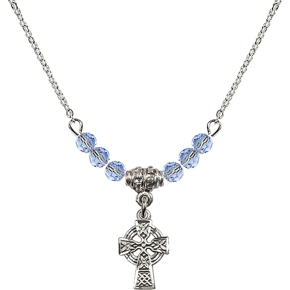 Sterling Silver Celtic Cross Birthstone Necklace with Light Sapphire Beads - 4133