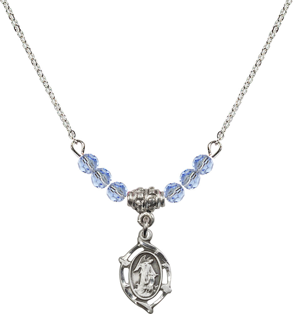 Sterling Silver Guardian Angel Birthstone Necklace with Light Sapphire Beads - 4154