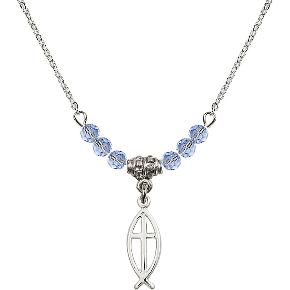 Sterling Silver Fish / Cross Birthstone Necklace with Light Sapphire Beads - 4251