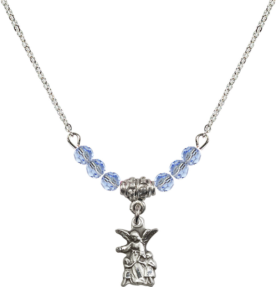 Sterling Silver Guardian Angel Birthstone Necklace with Light Sapphire Beads - 4253