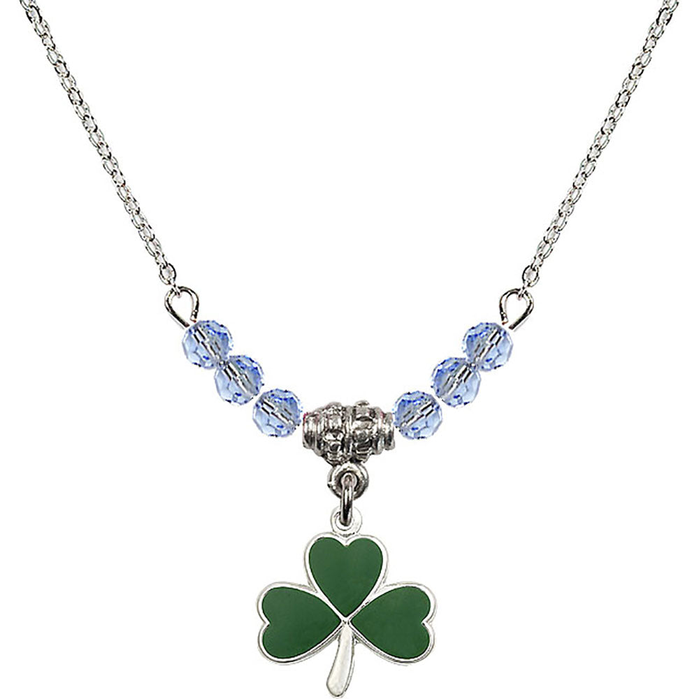Sterling Silver Shamrock Birthstone Necklace with Light Sapphire Beads - 5243