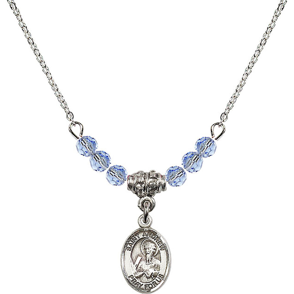 Sterling Silver Saint Andrew the Apostle Birthstone Necklace with Light Sapphire Beads - 9000