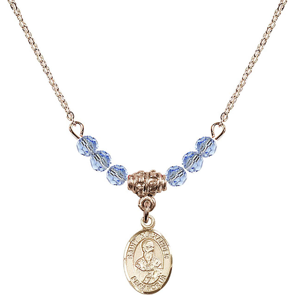 14kt Gold Filled Saint Alexander Sauli Birthstone Necklace with Light Sapphire Beads - 9012