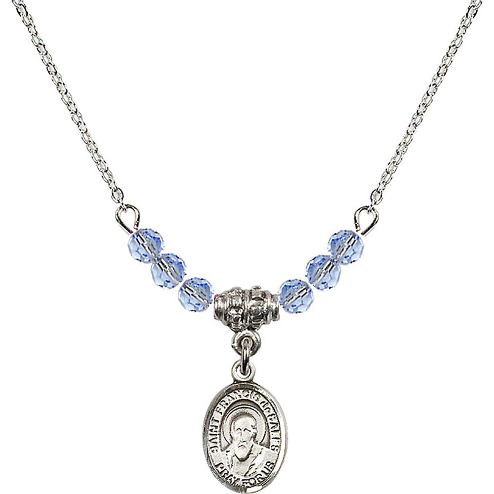 Sterling Silver Saint Francis de Sales Birthstone Necklace with Light Sapphire Beads - 9035