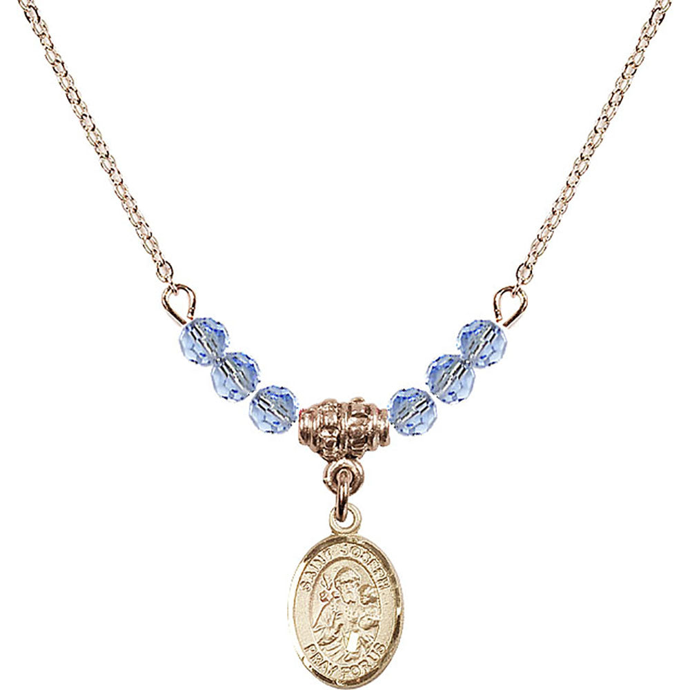 14kt Gold Filled Saint Joseph Birthstone Necklace with Light Sapphire Beads - 9058