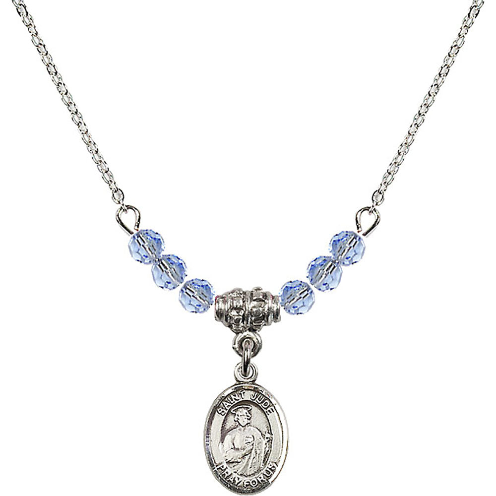 Sterling Silver Saint Jude Thaddeus Birthstone Necklace with Light Sapphire Beads - 9060