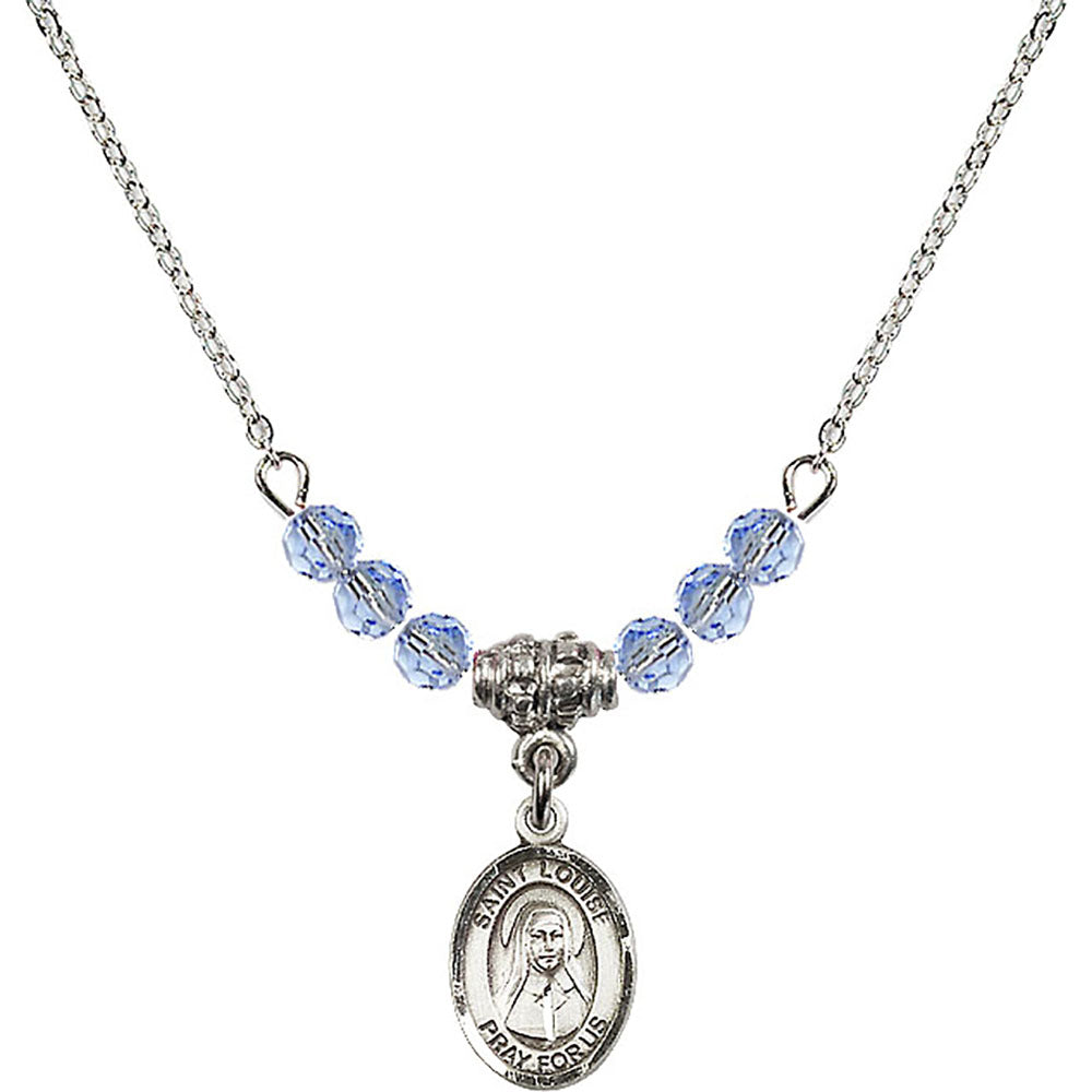 Sterling Silver Saint Louise de Marillac Birthstone Necklace with Light Sapphire Beads - 9064