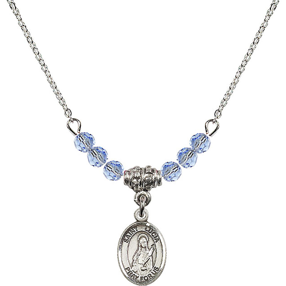 Sterling Silver Saint Lucia of Syracuse Birthstone Necklace with Light Sapphire Beads - 9065