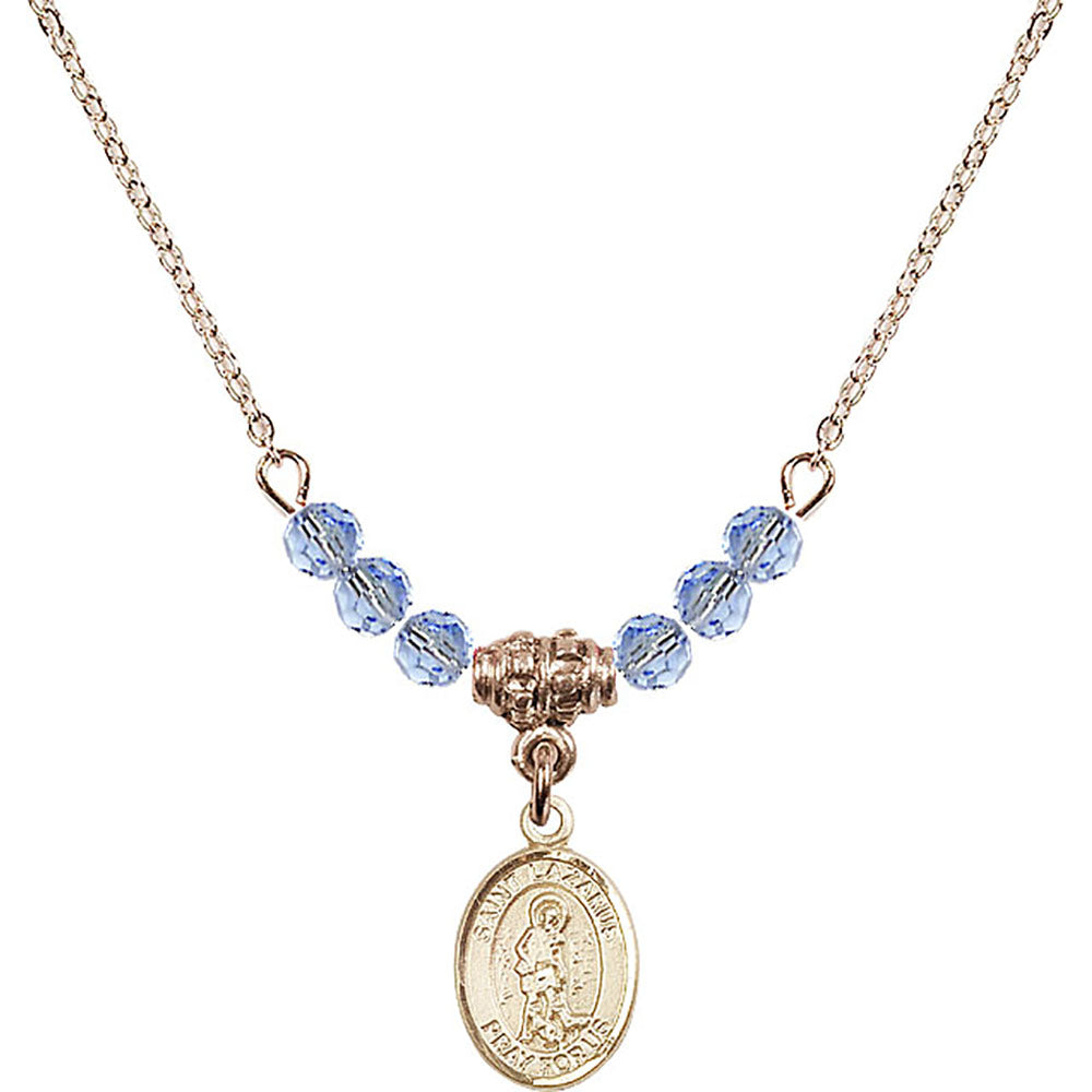 14kt Gold Filled Saint Lazarus Birthstone Necklace with Light Sapphire Beads - 9066