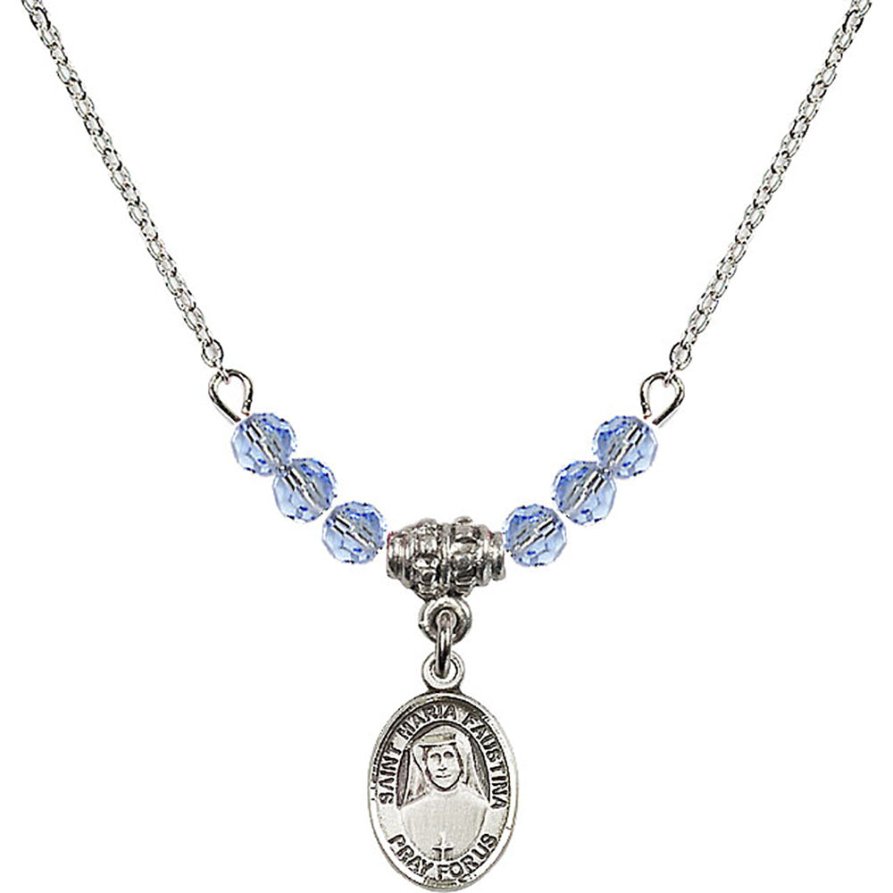 Sterling Silver Saint Maria Faustina Birthstone Necklace with Light Sapphire Beads - 9069