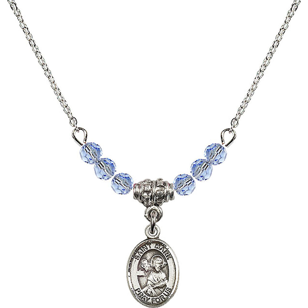 Sterling Silver Saint Mark the Evangelist Birthstone Necklace with Light Sapphire Beads - 9070