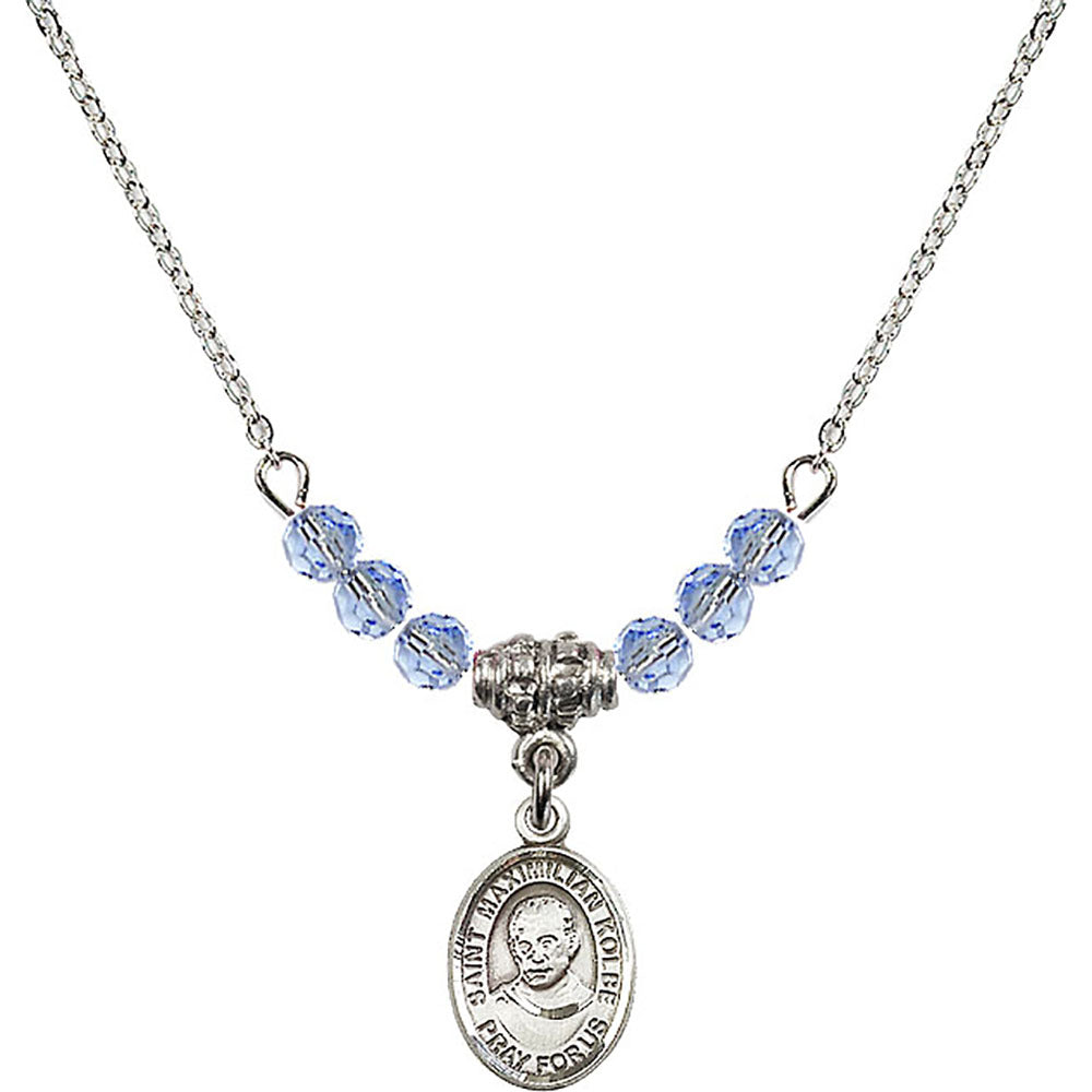 Sterling Silver Saint Maximilian Kolbe Birthstone Necklace with Light Sapphire Beads - 9073