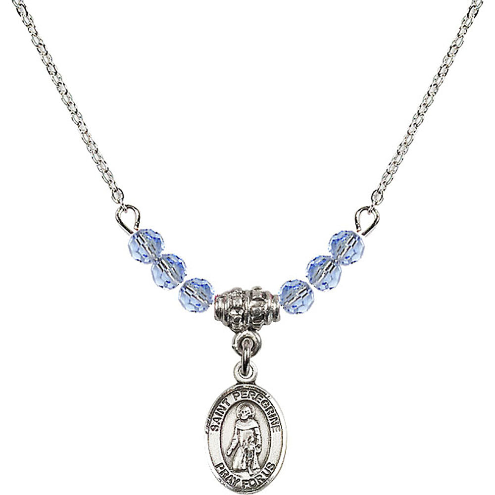 Sterling Silver Saint Peregrine Laziosi Birthstone Necklace with Light Sapphire Beads - 9088