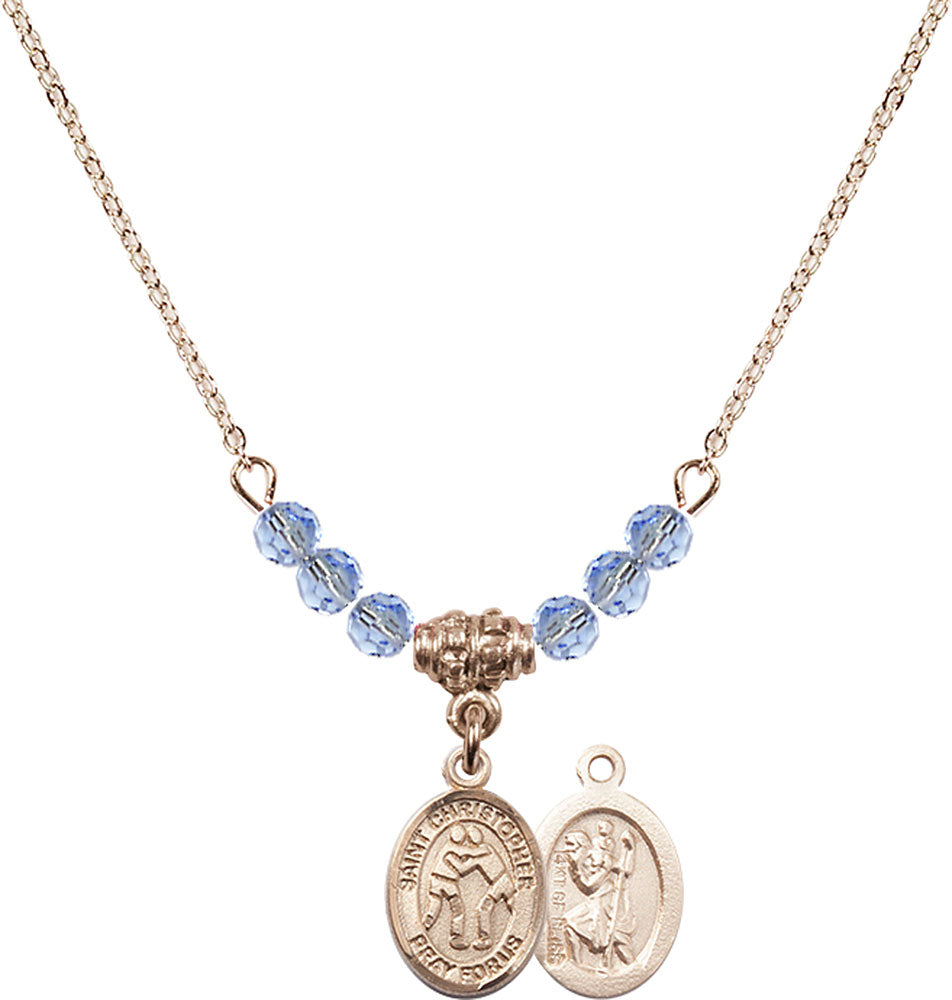 14kt Gold Filled Saint Christopher/Wrestling Birthstone Necklace with Light Sapphire Beads - 9159