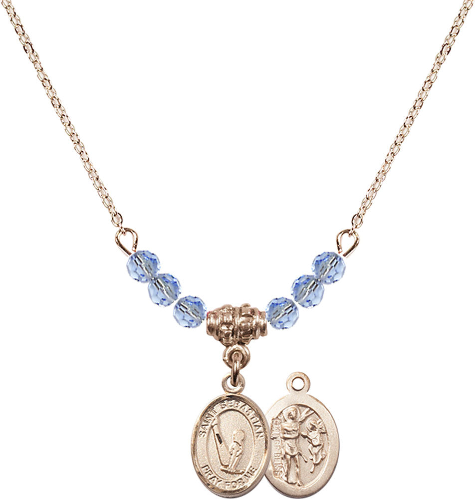 14kt Gold Filled Saint Sebastian/Gymnastics Birthstone Necklace with Light Sapphire Beads - 9172