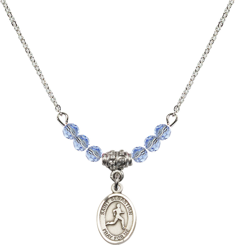 Sterling Silver Saint Sebastian/Track & Field Birthstone Necklace with Light Sapphire Beads - 9176