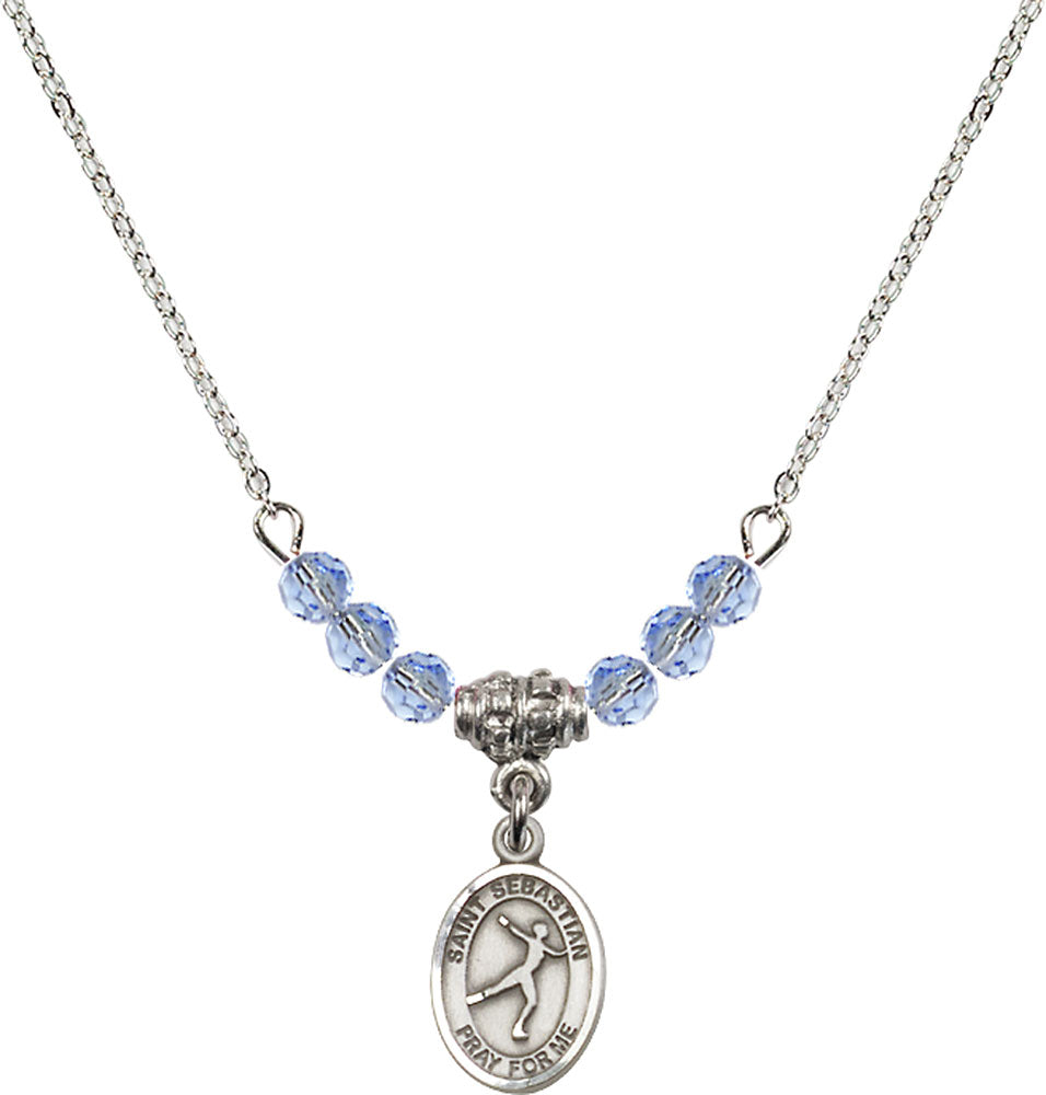 Sterling Silver Saint Sebastian/Figure Skating Birthstone Necklace with Light Sapphire Beads - 9177