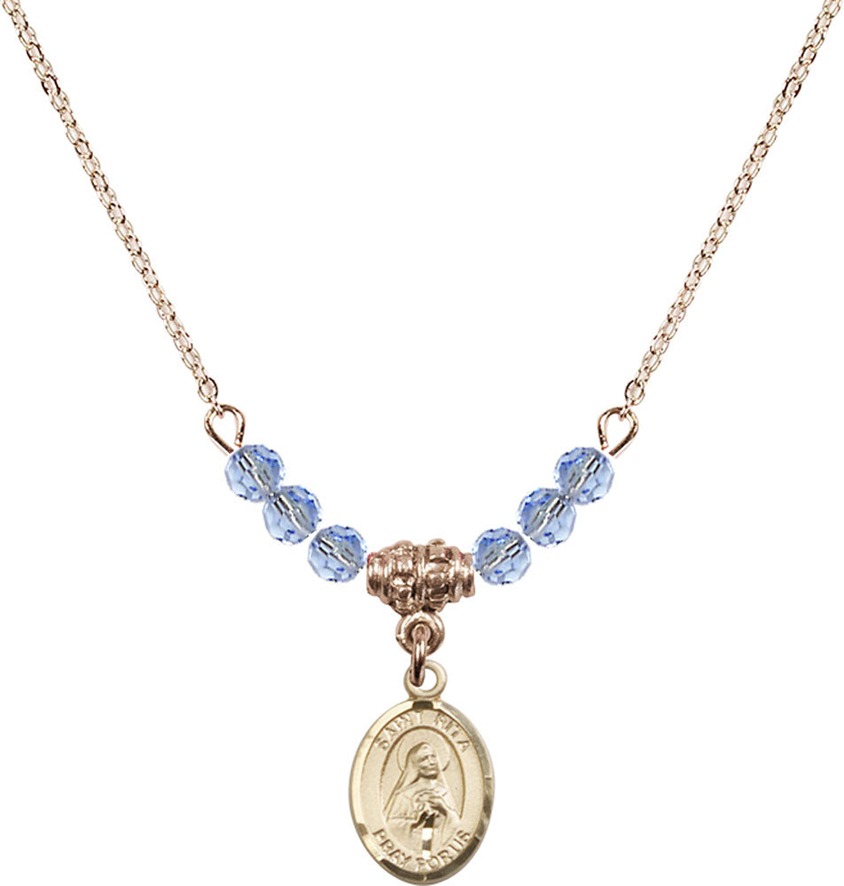 14kt Gold Filled Saint Rita / Baseball Birthstone Necklace with Light Sapphire Beads - 9181