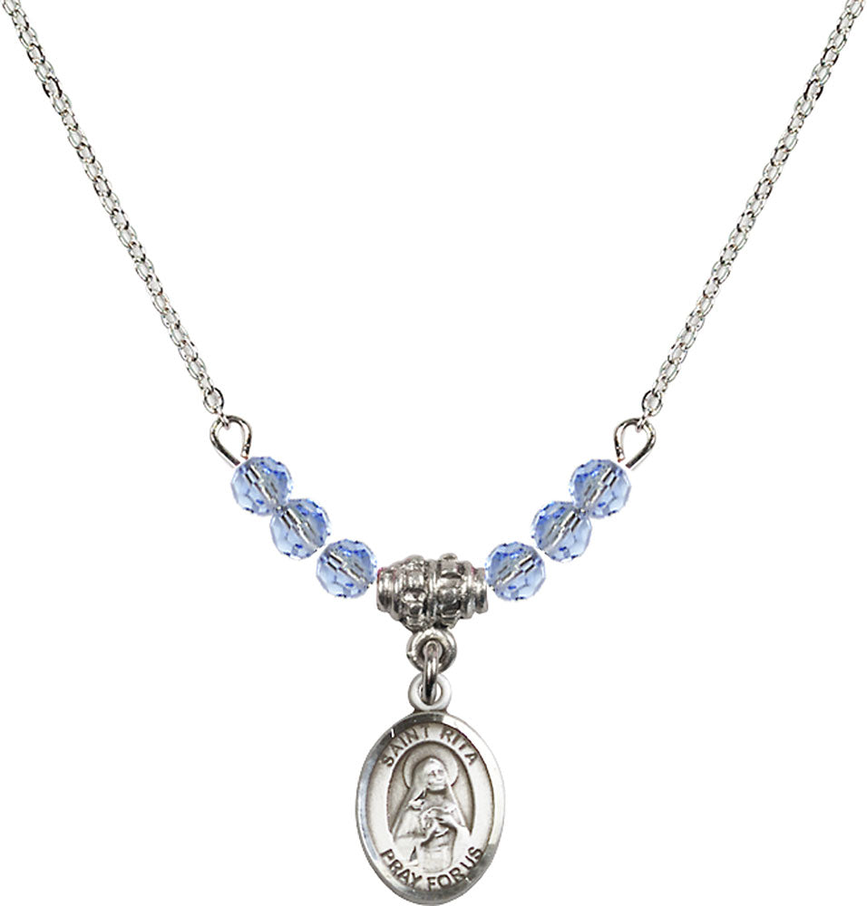 Sterling Silver Saint Rita / Baseball Birthstone Necklace with Light Sapphire Beads - 9181