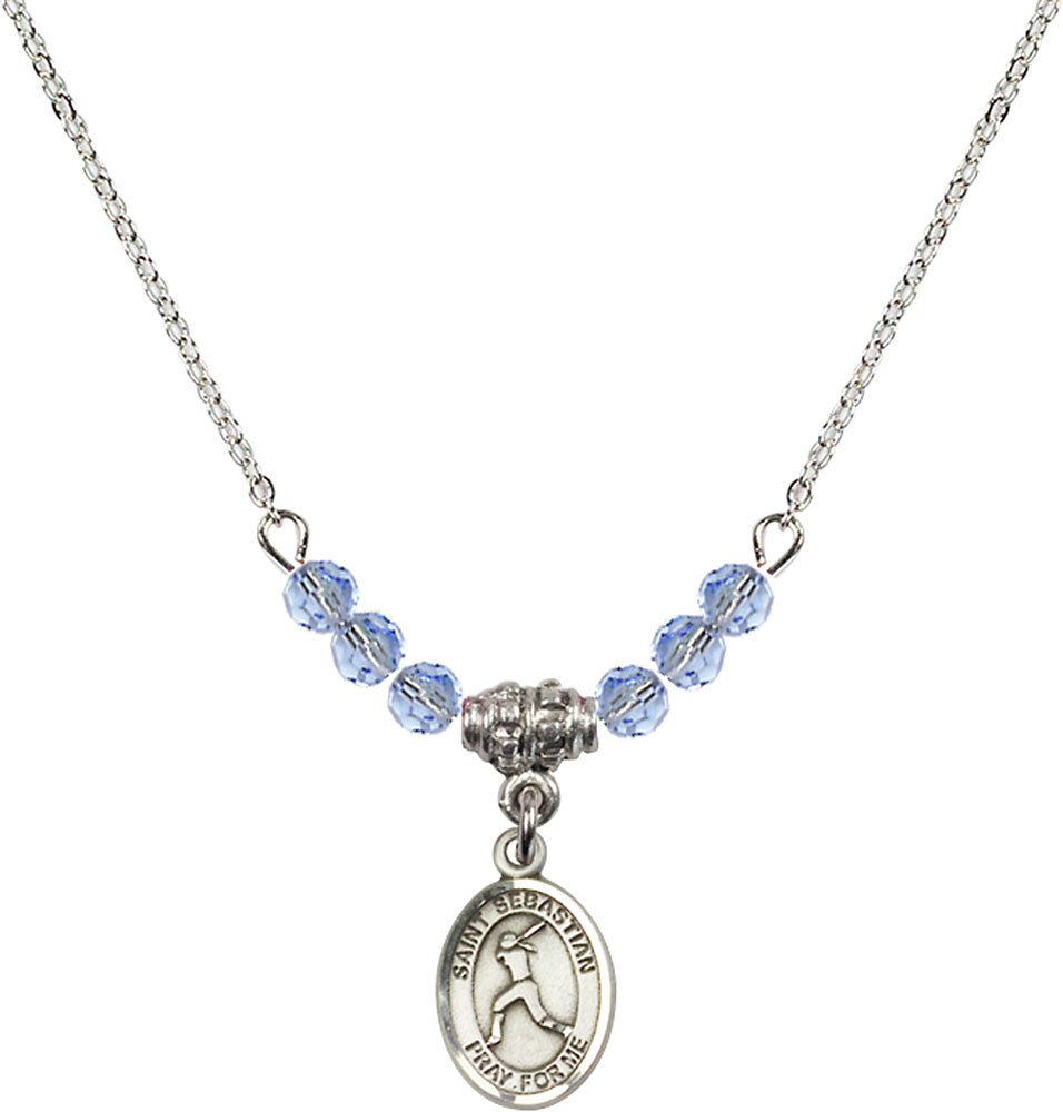 Sterling Silver Saint Sebastian/Softball Birthstone Necklace with Light Sapphire Beads - 9183
