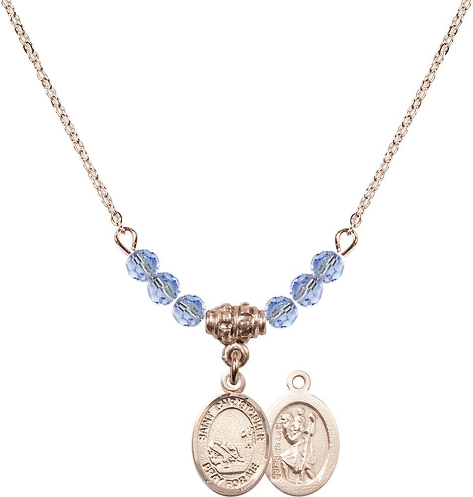 14kt Gold Filled Saint Christopher / Fishing Birthstone Necklace with Light Sapphire Beads - 9196