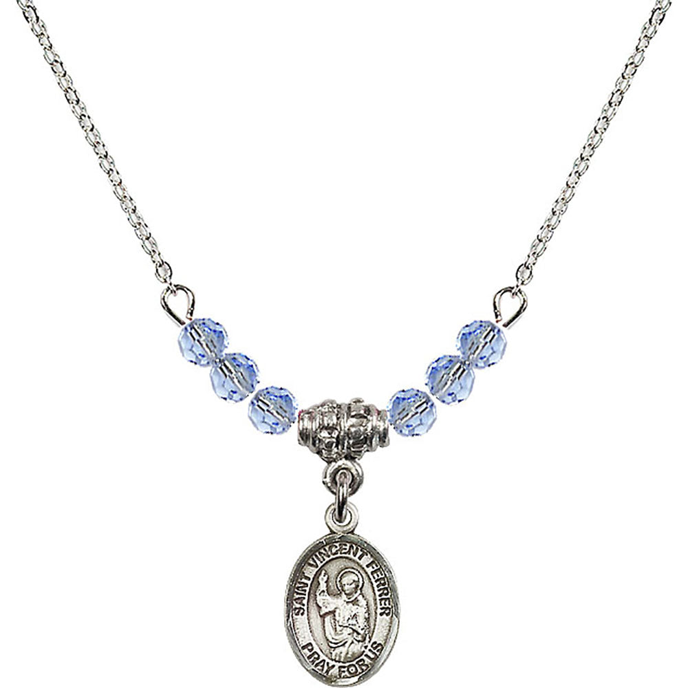 Sterling Silver Saint Vincent Ferrer Birthstone Necklace with Light Sapphire Beads - 9201