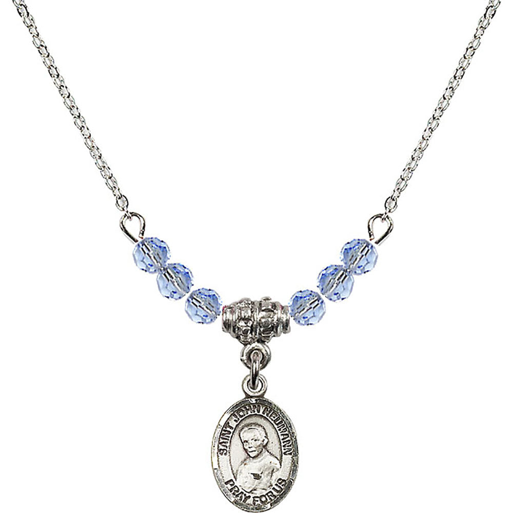 Sterling Silver Saint John Neumann Birthstone Necklace with Light Sapphire Beads - 9204