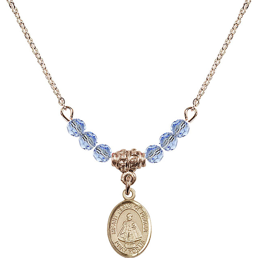14kt Gold Filled Infant of Prague Birthstone Necklace with Light Sapphire Beads - 9207