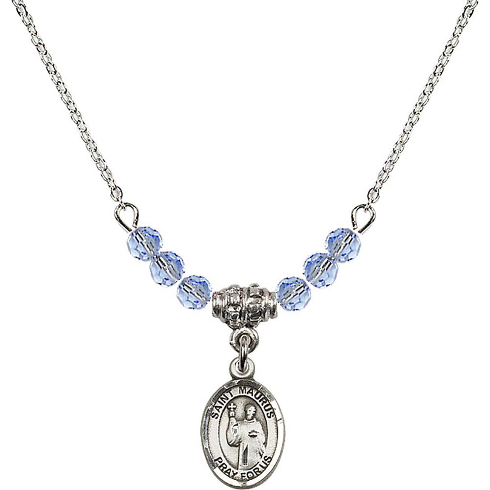 Sterling Silver Saint Maurus Birthstone Necklace with Light Sapphire Beads - 9241