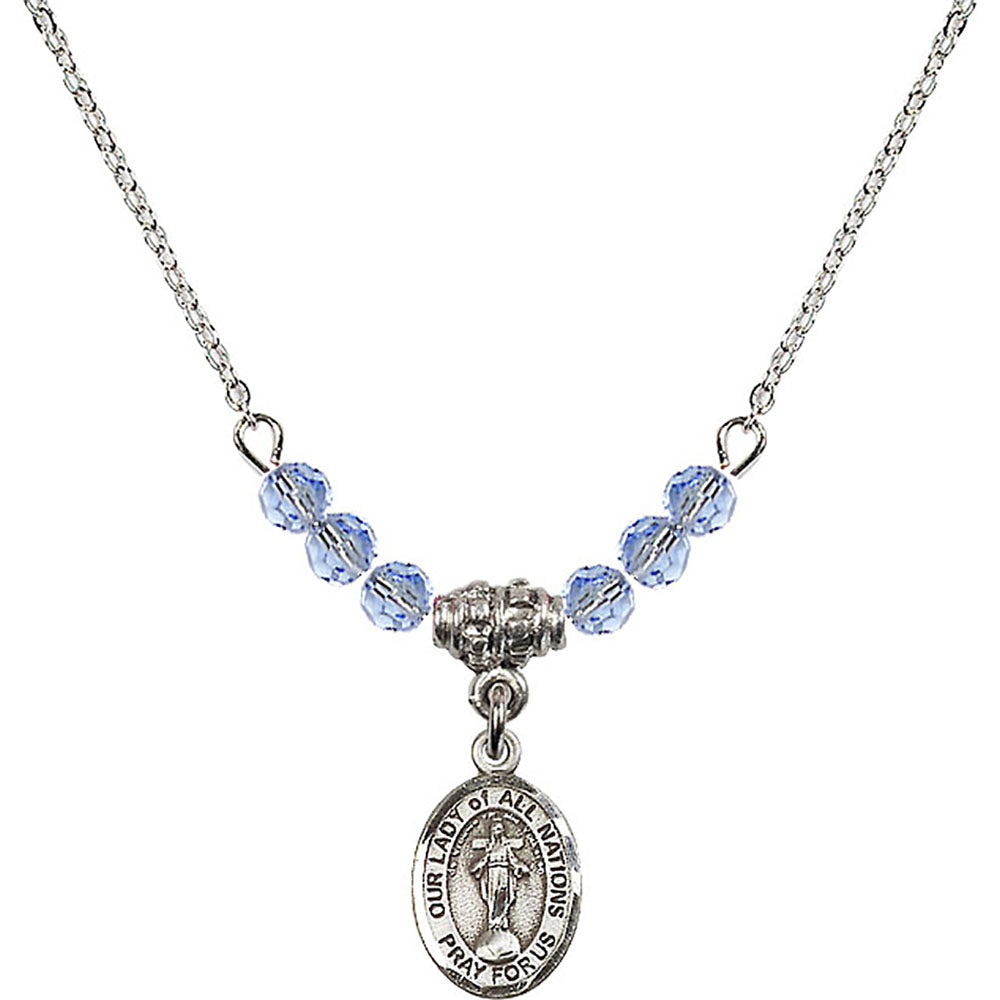 Sterling Silver Our Lady of All Nations Birthstone Necklace with Light Sapphire Beads - 9242