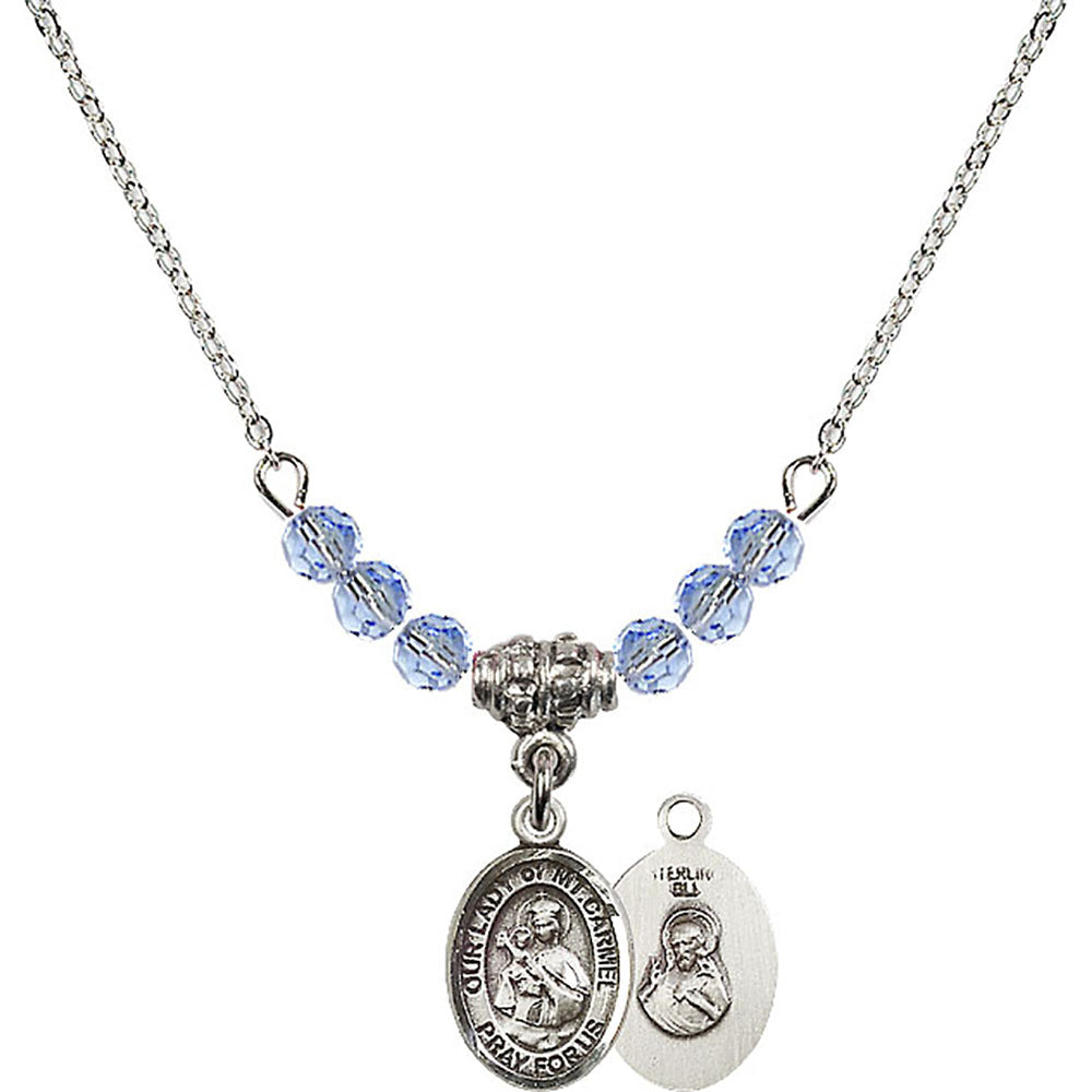 Sterling Silver Our Lady of Mount Carmel Birthstone Necklace with Light Sapphire Beads - 9243