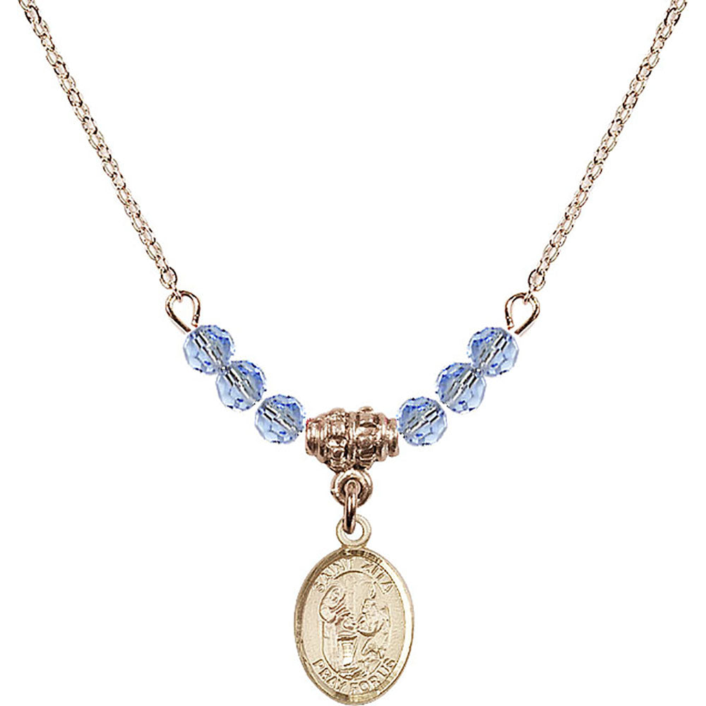 14kt Gold Filled Saint Zita Birthstone Necklace with Light Sapphire Beads - 9244
