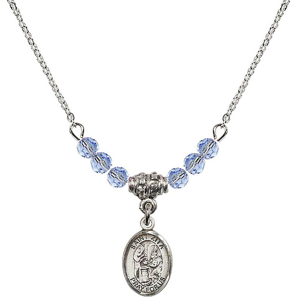 Sterling Silver Saint Zita Birthstone Necklace with Light Sapphire Beads - 9244