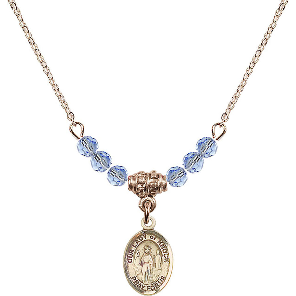 14kt Gold Filled Our Lady of Knock Birthstone Necklace with Light Sapphire Beads - 9246