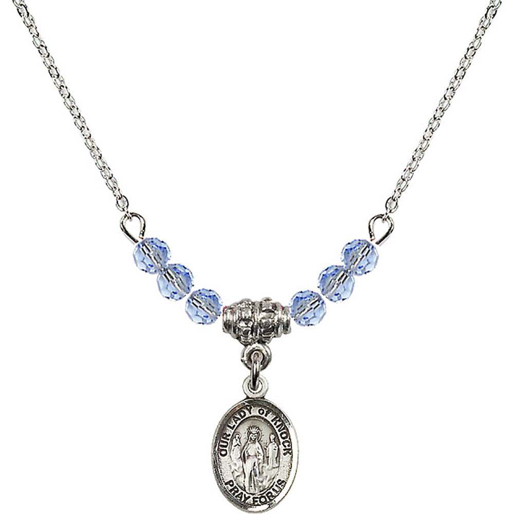 Sterling Silver Our Lady of Knock Birthstone Necklace with Light Sapphire Beads - 9246
