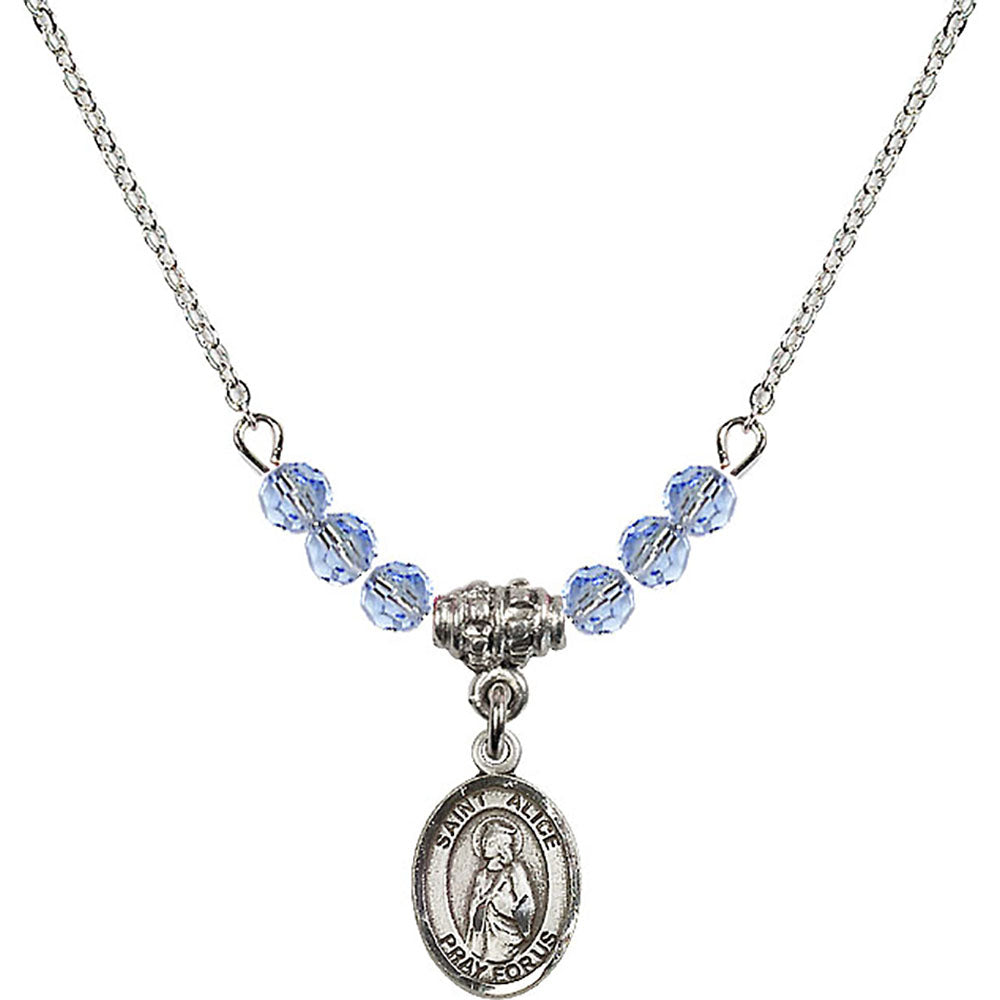 Sterling Silver Saint Alice Birthstone Necklace with Light Sapphire Beads - 9248