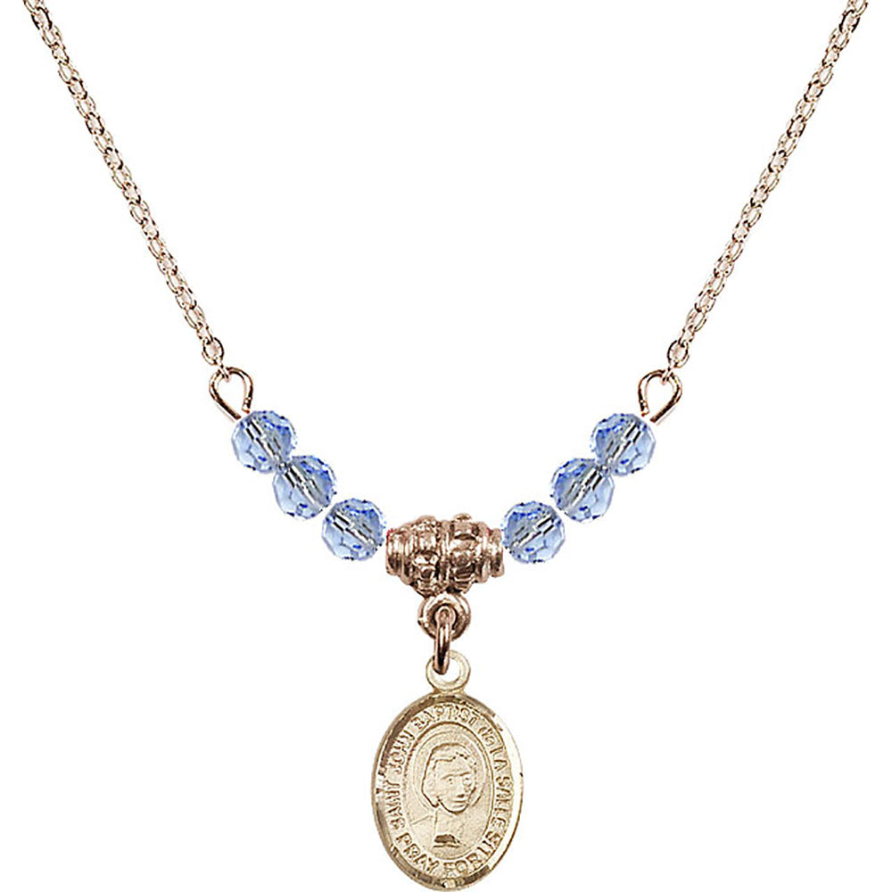 14kt Gold Filled Saint John Baptist de la Salle Birthstone Necklace with Light Sapphire Beads - 9262