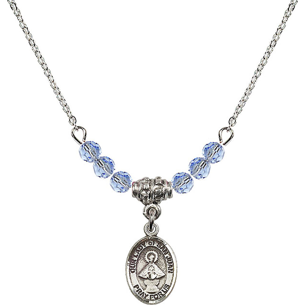 Sterling Silver Our Lady of San Juan Birthstone Necklace with Light Sapphire Beads - 9263