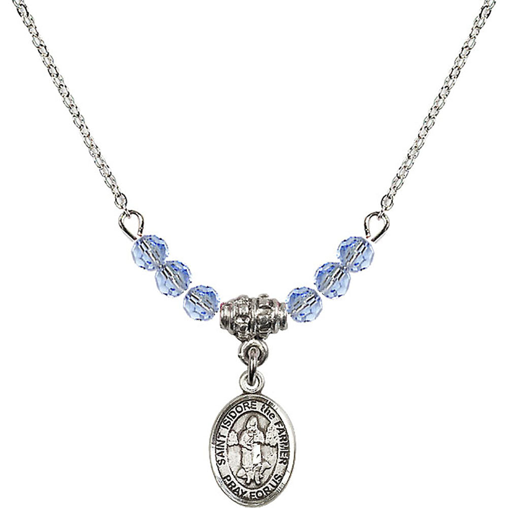 Sterling Silver Saint Isidore the Farmer Birthstone Necklace with Light Sapphire Beads - 9276
