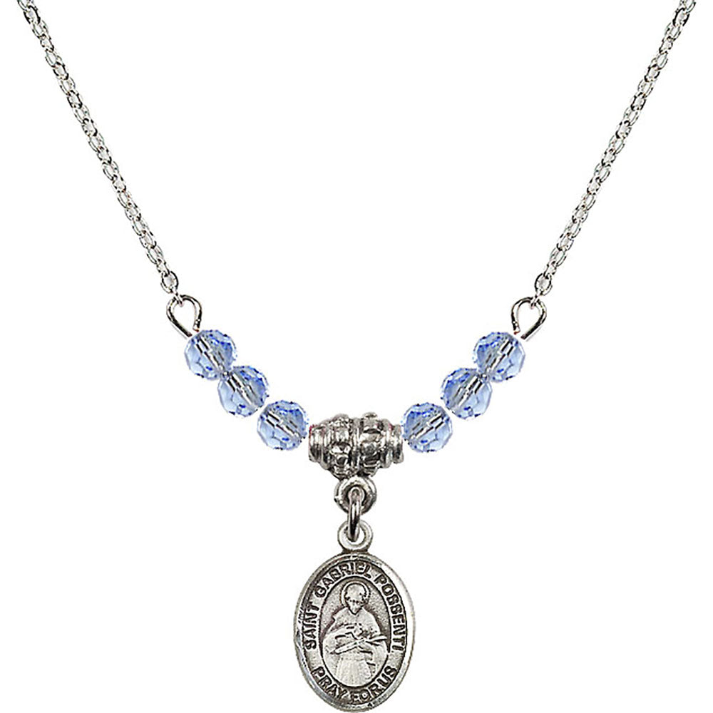 Sterling Silver Saint Gabriel Possenti Birthstone Necklace with Light Sapphire Beads - 9279
